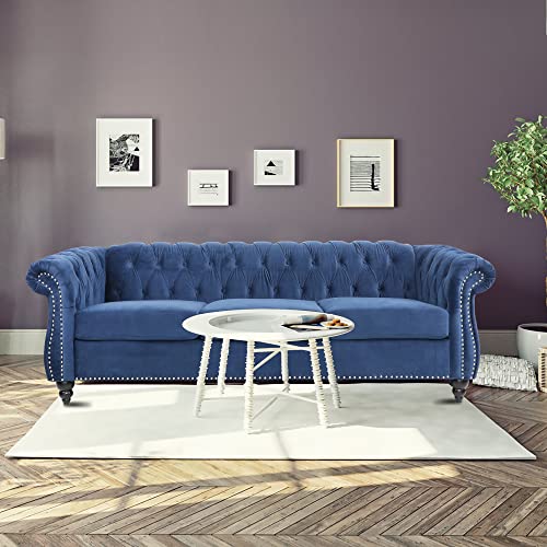 Chesterfield Sofa Couch with Velvet Upholstered Seat Cushions and Button Tufted Back, 84