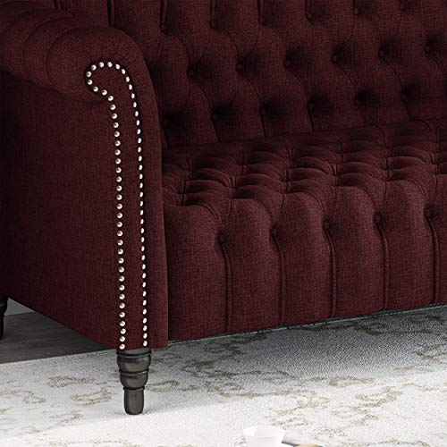 Edgar Traditional Chesterfield Sofa with Tufted Cushions, Wine and Black