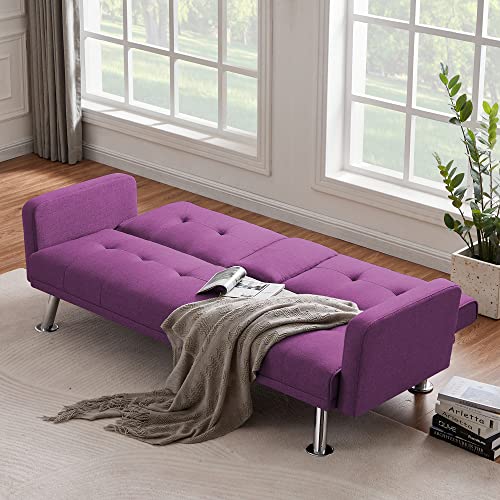 THJBGMR Convertible Folding Sofa Bed with Armrest, Fabric Sleeper Sofa Couch for Living Room (Purple)