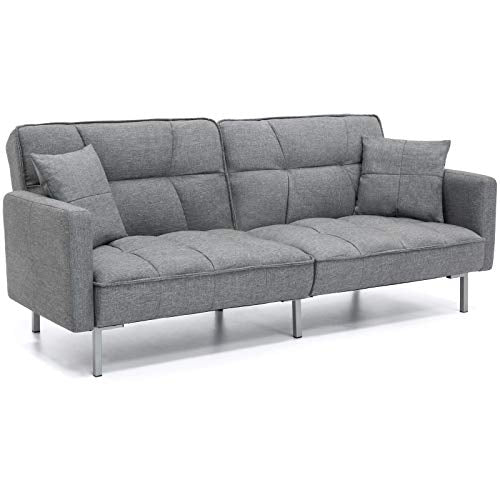 Dark Grey Convertible Futon Linen Tufted Versatile Split Back Design Couch 2 Plush Pillows Sofa Bed Mattress Recliner Lounger Sleeper Home Living Room Bedroom Modern Furniture 550LBS Weight Capacity