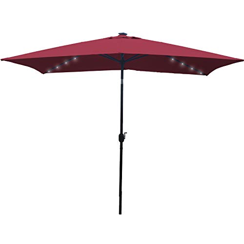 AXT SHADE Solar Powered LED Patio Umbrella 10 by 6.5 ft Rectangular Outdoor Table Market Umbrella with Push Button Tilt and Crank, Burgundy