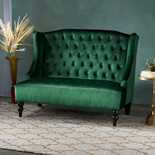 Christopher Knight Home Leora Modern Glam Tufted Velvet Wingback Loveseat, Emerald / Dark Brown