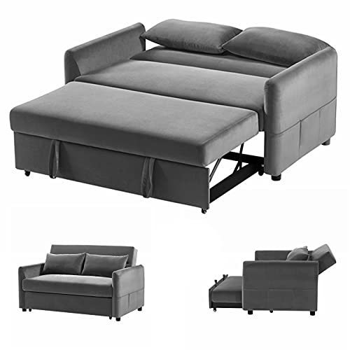 Gynsseh Pull Out Sofa Sleeper, Velvet Convertible Loveseat with Pull Out Sleeper Bed for Small Place, 3 in 1 Sleeper Sofa Couch with Adjustable Backrest, 2 Lumbar Pillows, Side Pocket(Gray)