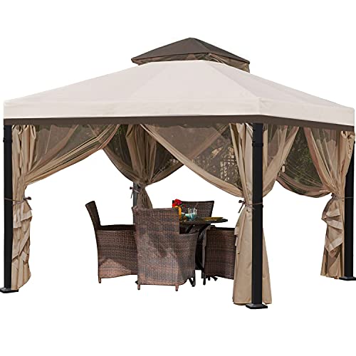 CoastShade 10x10 Outdoor Patio Garden Gazebo,Patio Gazebos Canopy Garden Structures Gazebos with1 sidewall and 4 Netting encluds,Beige