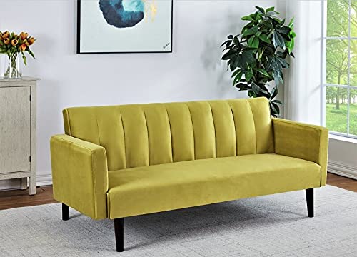 US Pride Furniture Classical Style Soft Square Arm 72’’ Wide Golden Yellow Velvet Tufted Twin Size Convertible Sofa Bed with Solid Wooden Legs & High Density Foam (SB9105-9111) Sofabed