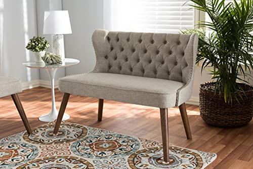 Baxton Studio Scarlett Mid-Century Modern Upholstered Button-Tufting with Nail Heads Trim 2-Seater Loveseat Settee Light Beige