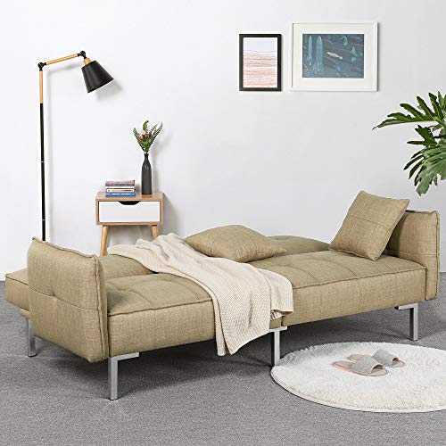 Topeakmart Sofa Couch Bed Daybed Foldable Futon Couch Sets Recliner Sofa Sleeper Living Room Home Office Furniture Linen Fabric Metal Legs 3 Angles Adjustable Khaki
