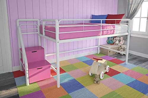DHP Junior Twin Metal Loft Bed with Storage Steps, Multifunctional Space-Saving Solution - White with Pink Steps