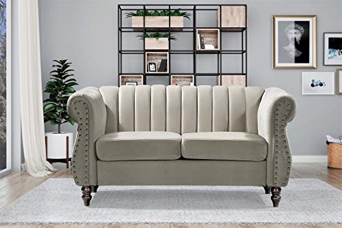 US Pride Furniture Chesterfield Rolled Arm Modern Style Fabric Cream Velvet Soft Living Room Loveseat with Removable Back Cushions & Solid Wood Support (S5644-5649) Sofas