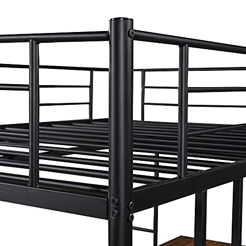 Metal Loft Bed, Full Size Loft Bed Frame with 2 Side Ladders, Guardrails, Desk, Keyboard Tray, Storage Shelves, No Box Spring Needed, Space-Saving Loft Bed for Kids Boys Girls Teens, Black