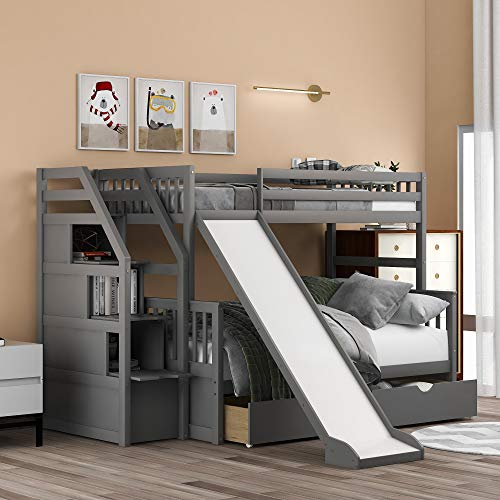 Twin Over Full Bunk Beds, Bunk Beds Twin Over Full with Slide, High Guardrail, No Box Spring Needed (Grey (with Slide))