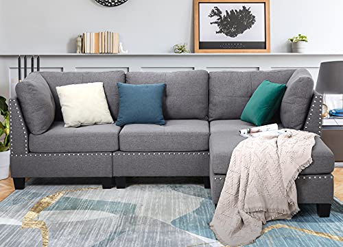 Esright 88.6” Convertible Sectional Sofa Couch with Ottoman, Modern Tufted Fabric L-Shaped Couch with Reversible Chaise, Suitable for Office,Living Room and Hotel Lobby, Gray