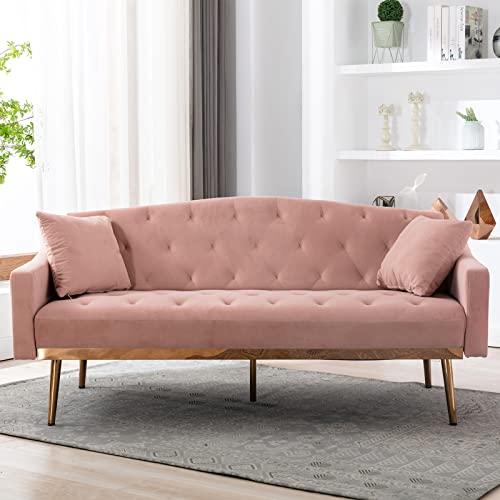Convertible Velvet Futon Sofa Couch with Two Pillows, Modern Loveseat Sleeper Sofa Bed with Rose Gold Metal Exterior Trim and Legs, Twin Size Couch for Living Room (Pink)