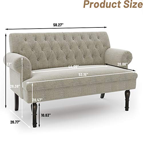 Merax 58” Beige Linen Button Tufted Scrolled Arm Loveseat Sofa Couches, Chesterfield Settee Bench with High Wooden Legs (Pillows not Included)