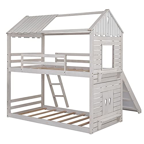 Bunk Bed with Slide, House Bunk Beds Wood Frame Twin Over Twin Bunk Bed for Kids Toddlers Girls Boys, Antique White