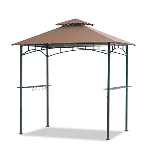 Warmally 5’x8’ Grill Gazebo Double Tiered Canopy Outdoor Patio BBQ Tent and Steel Frame with Two Bar Counters(Khaki)