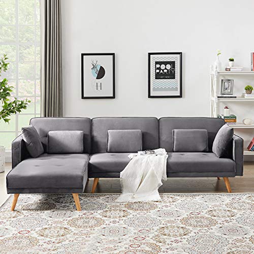 Livspace Set Modern Velvet Folding Sectional Bed,Corner Sofa Convertible Sleeper for Living Room, Right-arm Facing Chaise,Gray