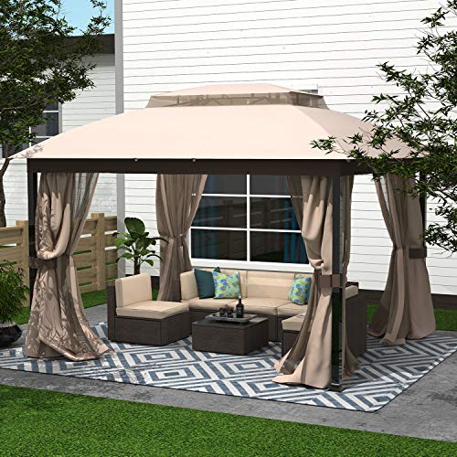Finefind Gazebo with Mosquito Netting Outdoor Gazbeo Canopy 10x12 Double Roof Vented, Sand