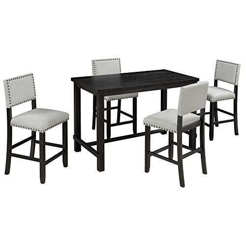 5-Piece Counter Height Dining Set, Wooden Dining Room Table and 4 High-Back Beige Dining Chairs with Footrest