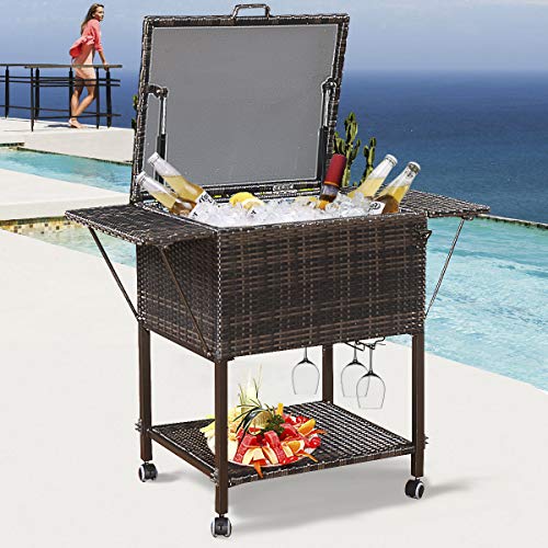 Nightcore 108 Quart Rattan Beverage Cooler Cart, Rolling Cooler with Shelf & Hanger, Ice Chest on Wheels, Portable Patio Backyard Cooler Trolley, Wicker Cooler Cart for Yard, Garden, Party