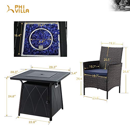 PHI VILLA 28” Gas Fire Pit Table with 4 Cushioned Rattan Chairs, 5 Piece Propane Fire Table Set with 5Kg Fire Glass, Outdoor Conversation Set for Yard, Patio
