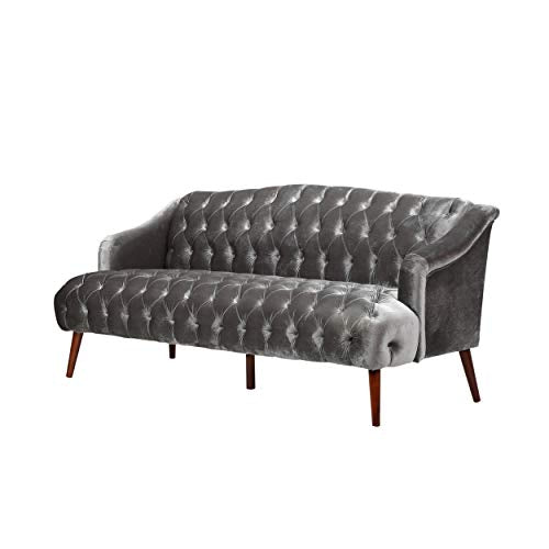 Esther Modern Glam Tufted Velvet 3 Seater Sofa, Smoke and Walnut