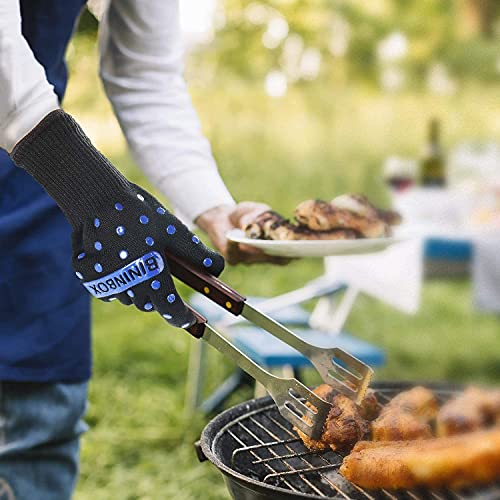 BBQ Gloves,Oven Gloves1472℉ Extreme Heat Resistant, Food Grade Kitchen Grill Gloves, Silicone Non-Slip Cooking Gloves for Barbecue, Cooking, Baking, Welding, Cutting (Black+Blue)