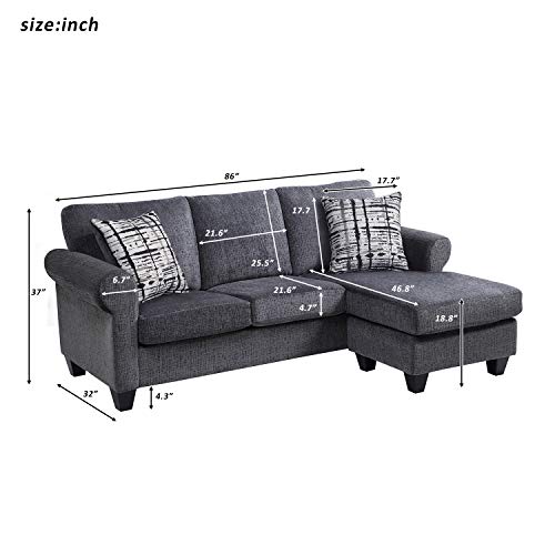 GAOFEIYANG Furniture 86” Convertible Sectional Sofa Set with Reversible Chaise Lounge, L-Shaped 3 Seating Corner Couch Upholstered Sleeper with 2 Pillows for Living Room Bedroom Small Space, Gray