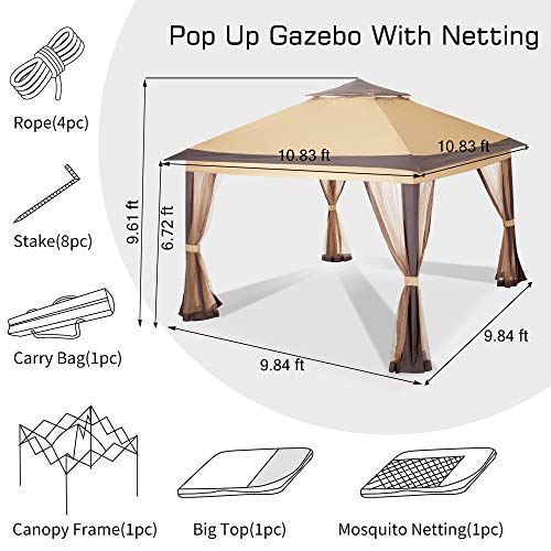 PAMAPIC 11x11 Outdoor Gazebo for Patios Canopy for Shade and Rain with Mosquito Netting, Waterproof Soft Top Metal Frame Gazebo for Lawn, Garden, Backyard and Deck (Brown)