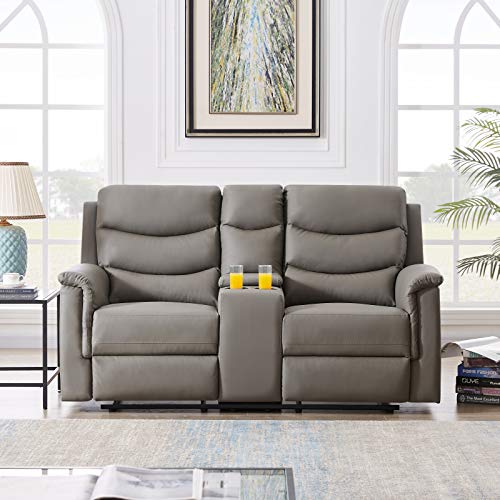 DNIEBW Recliner Loveseat Leather Recliner Set Reclining Sofa with Cup Holder 2 Seater Motion Sofa Recliner Couch with Console, 67.7 x 37.8 x 39.3 Inch (Grey)