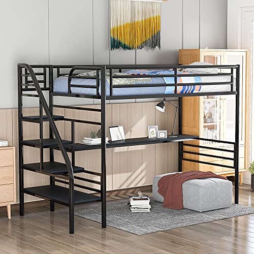 Metal Twin Loft Bed with Desk, Black Loft Bed Frame with Storage Shelves, Integrated Ladder and Safety Rails for Kids Teens Adults,Black