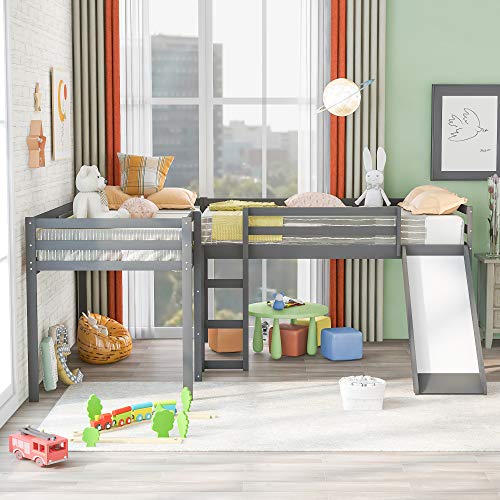 L-Shaped Loft Bed with Slide, Two Kids loft Bed Built-in Ladders, Wood Twin Loft Bed for Living Room Bedroom(Grey,Twin loft Bed)