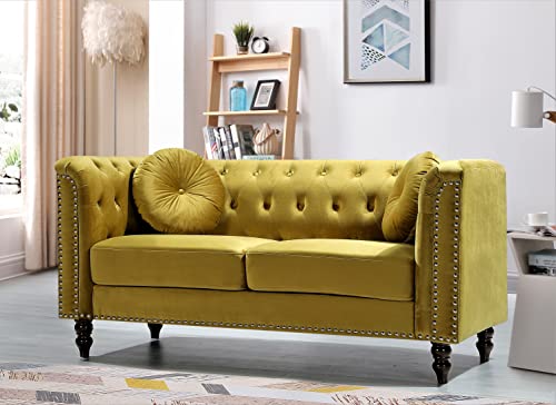 US Pride Furniture High Density Foam 64.17'' Wide Golden Velvet Rolled Arm Chesterfield Living Room Loveseat with Removable Cushion & Solid Wood Legs (S5608-5613) Sofas, Strong Yellow