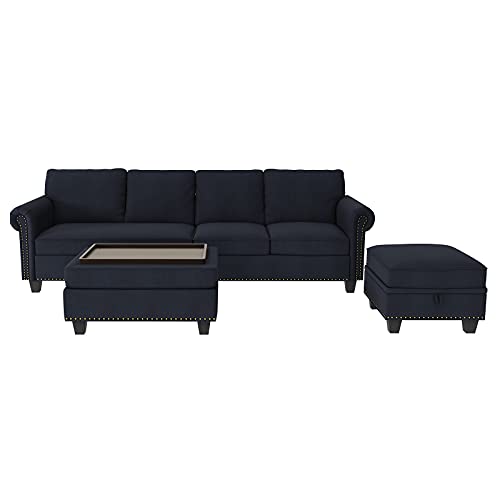 Nolany Convertible Sectional Sofa Couch with Reversible Chaise, L Shaped Sofa Set with Storage Ottoman for Living Room, Denim Blue