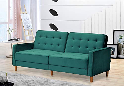 US Pride Furniture Classical Style Soft Square Arm 80’’ Wide Emerald Green Velvet Tufted Twin Size Convertible Sofa Bed with Solid Wooden Legs & High Density Foam (SB9074-9080) Sofabed