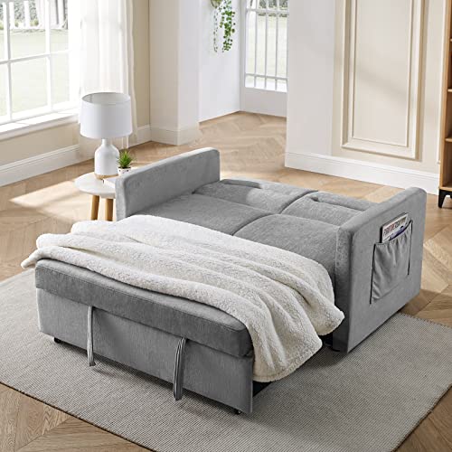 Pull Out Loveseat Sofa Bed, Modern Convertible Sleeper Sofa Bed with Pull Out Bed, Love seat Sofa Couch with Adjustable Backrest and Side Pocket, Suitable for Living Room Small Apartment (Grey)