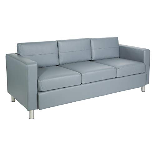 OSP Home Furnishings Pacific Sofa with Padded Box Spring Seats and Silver Metal Legs, Charcoal Grey Faux Leather