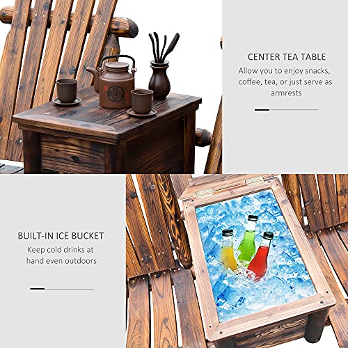 Outsunny Wooden Double Adirondack Chair Loveseat with Inset Ice Bucket, Rustic Aesethic, & Weather-Resistant Materials
