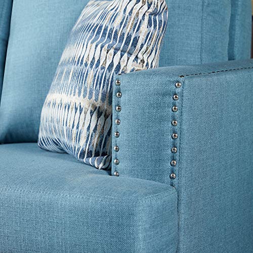 Top Space Loveseat Couch Modern Upholstered Mid Century Sofa Casual Arm Chair/Ottoman Linen Fabric Footstool Rivet Design Household Change Shoe Bench Sofa Living Room Furniture(2 PCs, Blue)