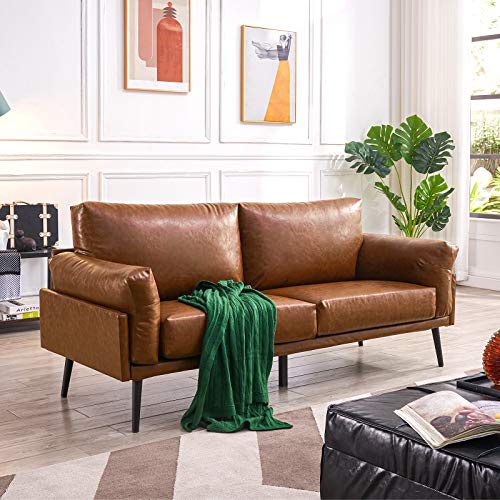 Vonanda Faux Leather Sofa Couch, Mid-Century Handmade with 74 inch Living Room Couch with Eucalyptus Frame and Soft Cloud Cushion for Compact Apartment, Caramel