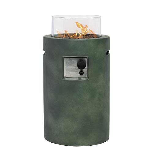 COSIEST Outdoor Propane Fire Pit Table w Compact Ledgestone 16-inch Round Graphite Base and Glass Wind Guard, 40,000 BTU, Free Lava Rocks, Fits 20lb (Grayish-Green)