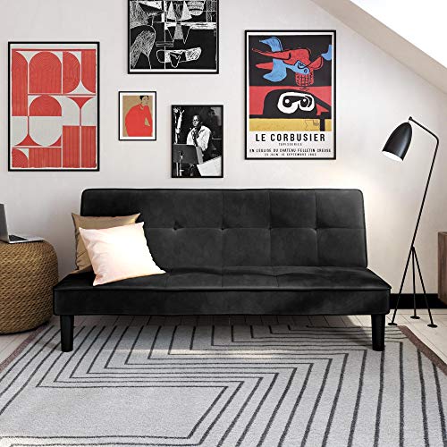 REALROOMS Tyler Futon, Convertible Sofa Bed & Couch, Black Velvet