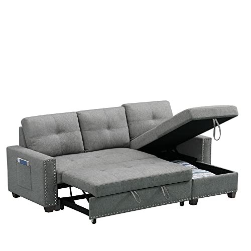 85'' Reversible Sleeper Sectional Sofa Couch with Pull-Out Sleeper, L-Shape 3-Seater Convertible Corner Couch Sofa Bed with Storage Chaise for Living Room Furniture Set (Grey)