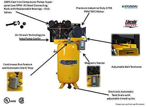 EMAX EP10V080V1 Industrial Plus 10 HP 1-Phase 80 gal. Vertical Electric Air Compressor w/ Pressure Lubricated Pump New