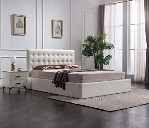 GREATIME Storage Bed, Queen Size Bed, White Leatherette Contemporary Bed, Modern Tufted Headboard, Strong Wood Slats Support Platform Bed