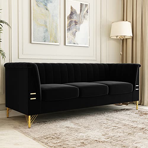 3 Seater Sofa with Arm-Rests – Contemporary Design – Comfortable and Soft Cushioning – Kiln Hardwood Frame with Velvet Upholstery – Gold Coloured Metal Legs – for Living Room (Black)