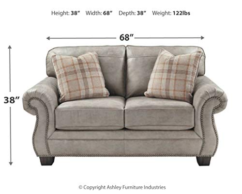 Signature Design by Ashley Olsberg Faux Leather Upholstered Loveseat with Nailhead Trim and 2 Accent Pillows, Gray