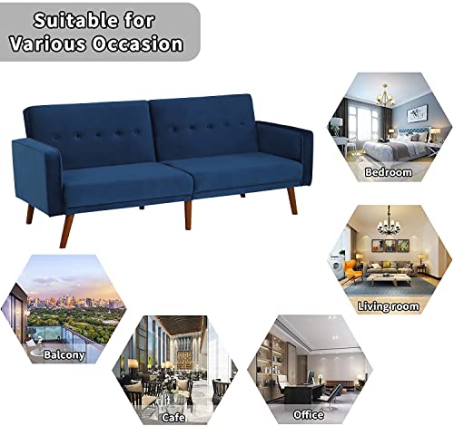 80“ Wide Navy Blue Velvet Couch Square Arm Sleeper Sofa Bed with Solid Wood Legs