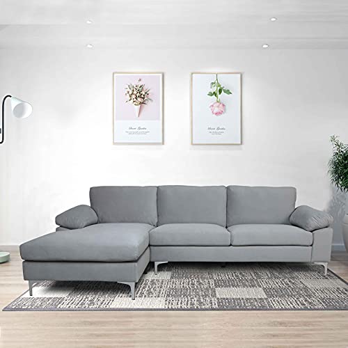 ATY L Shape Velvet Sectional Sofa, Futon Corner Couch Chaise with Metal Legs and Removable Cushions Perfect for Living Room, Left Hand Facing, Grey
