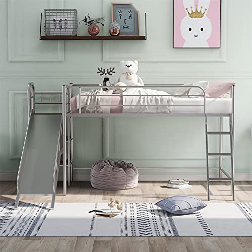 Kids Low Loft Bed with Slide and Storage, Twin Metal Low Loft Bed Frame for Boys & Girls, Silver